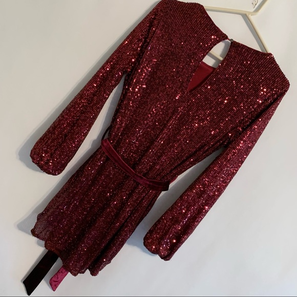 VICI Sequin Dress Red Long Sleeve w/ Velvet Waist Tie Belt - Size Small - Picture 6 of 6